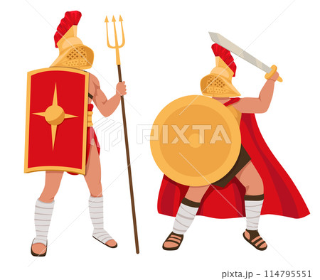 Gladiator characters. People in armor. Warriors with different weapons. Sparta coliseum fight character, ancient roman army characters 114795551