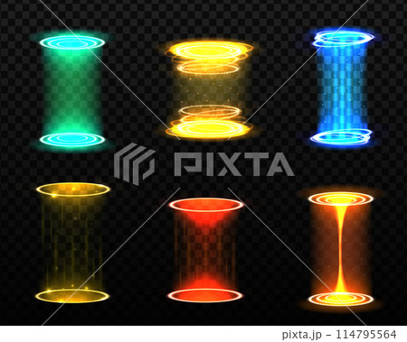 Level up effect and teleportation process game effect. Realistic teleportation portal. Realistic portal. Light aura and glowing hologram. Illuminated spotlight with falling rays Level up effect and teleportation process game effect. Realistic teleportation portal. Realistic portal. Light aura and glowing hologram. Illuminated spotlight with falling rays 114795564