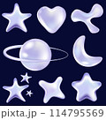 3d holographic stars and planets set in y2k, futuristic style. Holographic hearts in y2k style. Trendy liquid metal elements. Purple glossy abstract shape. 114795569