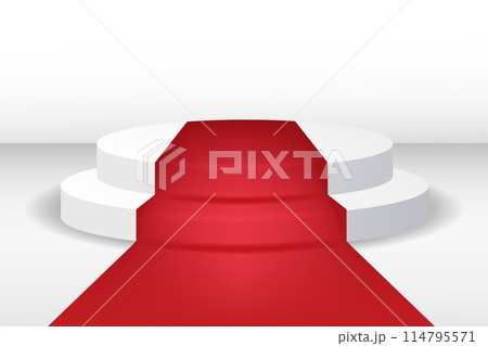 Round podium with red carpet. Celebrity party entrance. Grand opening. Shiny fencing on transparent background. Round podium with red carpet. Celebrity party entrance. Grand opening. Shiny fencing on transparent background. 114795571