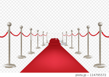 Red carpet on stairs with red ropes on golden stanchions and golden barriers. Barrier Rope Luxury Vip Concept. Vector illustration EPS10 114795572