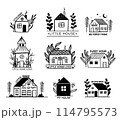 Collection of the hand drawn home, house logos, icons. Cottage vintage style with plants, tiny hand drawn houses. Village buildings, architecture nature elements. 114795573