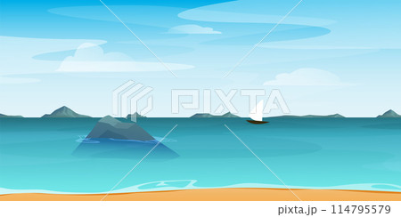 Cartoon summer beach. Paradise nature vacation, ocean or sea seashore. Tropical beach landscape with palm trees, golden sand and rocks in blue water. 114795579