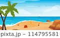 Summer beach cartoon landscape. Paradise nature vacation, ocean or sea seashore. Seaside landscape, tropical beach relax or seaside landscape. 114795581