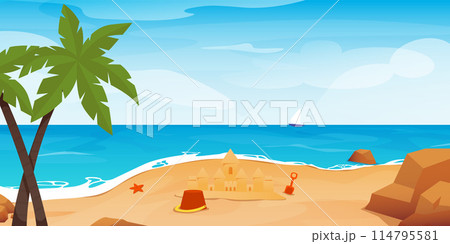 Summer beach cartoon landscape. Paradise nature vacation, ocean or sea seashore. Seaside landscape, tropical beach relax or seaside landscape. 114795581