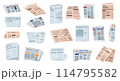 Folded newspapers. Periodical printing products, daily news and sport. Modern news publications. Newspapers folded in half, open newspaper. 114795582