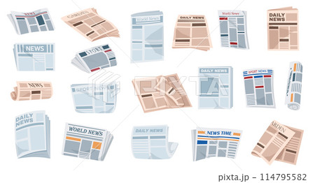 Folded newspapers. Periodical printing products, daily news and sport. Modern news publications. Newspapers folded in half, open newspaper. 114795582