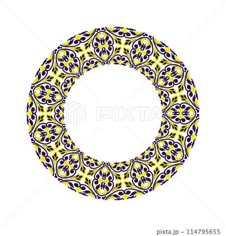 A circle with a pattern of yellow and blue ornament. The circle is white and the flowers are in different sizes and shapes. 114795655