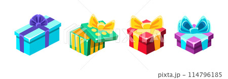 Wrapped Gift Box with Bright Ribbon Bow Vector Set Wrapped Gift Box with Bright Ribbon Bow Vector Set 114796185