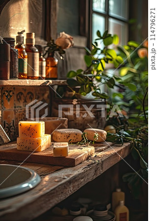 bar soap. on a wooden shelf in a bathroom. shadows overlay. 114796271