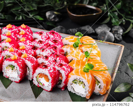 Assorted fresh sushi platter presentation 114796762