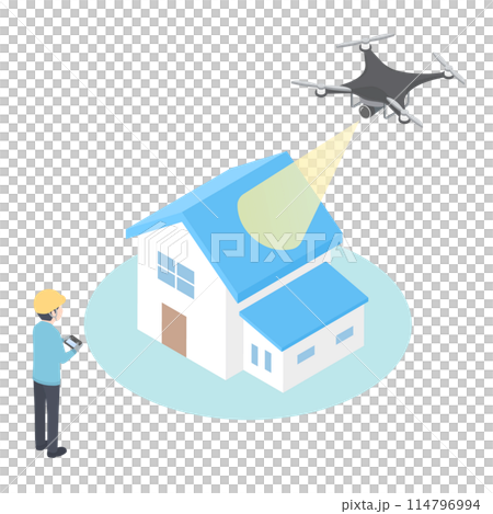 一名工人使用無人機檢查房屋的等軸圖 114796994