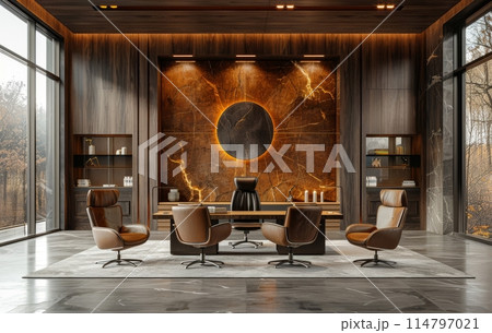 Elegant modern office with dark wood panels and marble accents 114797021