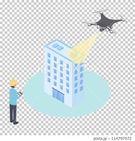 Isometric illustration of a worker inspecting a building using a drone Isometric illustration of a worker inspecting a building using a drone 114797072