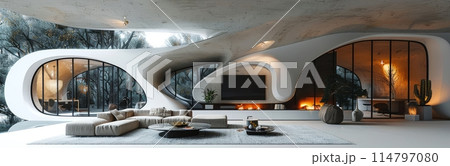Stylish modern living room with organic architecture, elegant furniture, and warm lighting 114797080