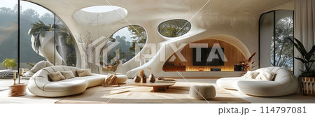 Modern interior design showcases futuristic living room with organic shapes and lush forest views 114797081