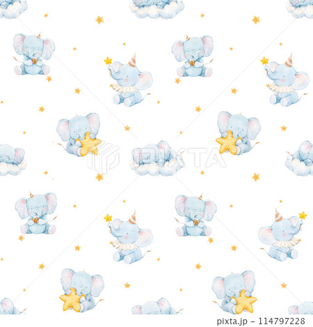 Beautiful childish watercolor hand drawn seamless pattern with cute baby elephants. Kid's clipart print. Stock baby illustration. Beautiful childish watercolor hand drawn seamless pattern with cute baby elephants. Kid's clipart print. Stock baby illustration. 114797228
