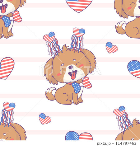 Seamless pattern with patriotic cartoon dog wearing symbolic accessories, bow in colors of American flag on white striped background. Vector illustration for design national holiday Independence Day. Seamless pattern with patriotic cartoon dog wearing symbolic accessories, bow in colors of American flag on white striped background. Vector illustration for design national holiday Independence Day. 114797462