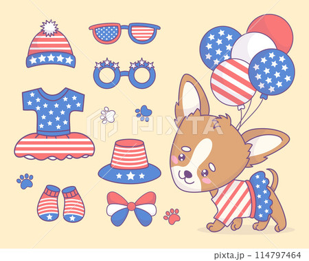 Independence Day. Cute patriotic chihuahua dog girl with dress with balloons, clothes, accessories, party decorations in American flag colors. Cartoon funny kawaii pet. Isolated vector illustrations Independence Day. Cute patriotic chihuahua dog girl with dress with balloons, clothes, accessories, party decorations in American flag colors. Cartoon funny kawaii pet. Isolated vector illustrations 114797464