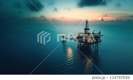 Rigs offshore Oil refinery at sunset 114797689