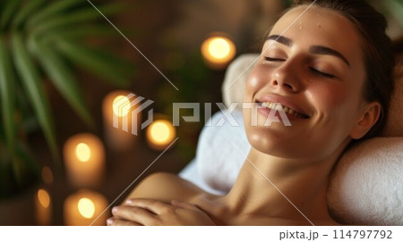 Beautiful woman getting face massage in beauty spa. Girl with closed eyes relaxing spa while getting head massage Beautiful woman getting face massage in beauty spa. Girl with closed eyes relaxing spa while getting head massage 114797792