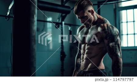 Muscular bearded body tattoed man training in gym. Exercise for the muscles Muscular bearded body tattoed man training in gym. Exercise for the muscles 114797797