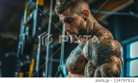 Muscular bearded body tattoed man training in...のイラスト素材 [114797812] - PIXTA