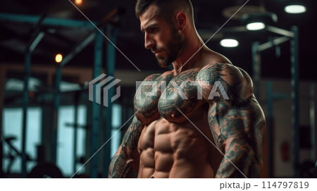 Muscular bearded body tattoed man training in...のイラスト素材 [114797819] - PIXTA