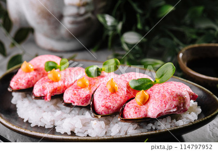 Gourmet lobster sushi on elegant plate Gourmet lobster sushi on elegant plate 114797952