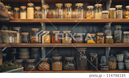 kitchenware, glass jars with beans, pasta and grains on metal green shelf at cabinet. storage food concept and order at kitchen 114798185