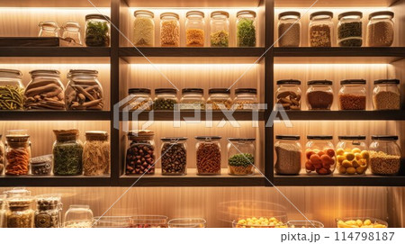 kitchenware, glass jars with beans, pasta and grains on metal green shelf at cabinet. storage food concept and order at kitchen 114798187