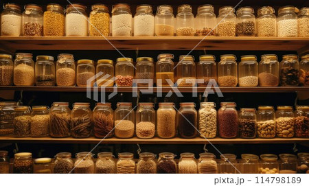 kitchenware, glass jars with beans, pasta and grains on metal green shelf at cabinet. storage food concept and order at kitchen 114798189