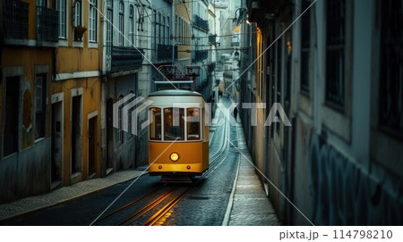 Romantic Lisbon street with the typical yellow tram and Lisbon Cathedral on the background 114798210