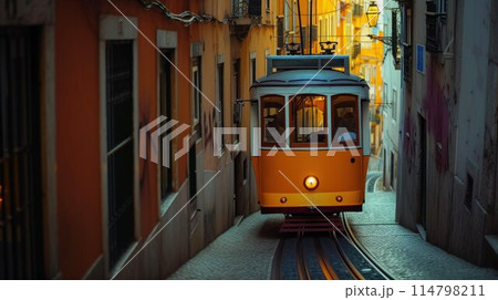 Romantic Lisbon street with the typical yellow tram and Lisbon Cathedral on the background 114798211