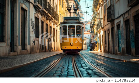 Romantic Lisbon street with the typical yellow tram and Lisbon Cathedral on the background 114798214