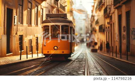 Romantic Lisbon street with the typical yellow tram and Lisbon Cathedral on the background 114798216