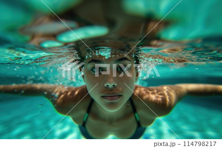 Underwater woman portrait in swimming pool 114798217