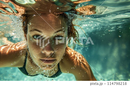 Underwater woman portrait in swimming pool 114798218