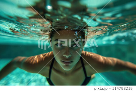 Underwater woman portrait in swimming pool 114798219