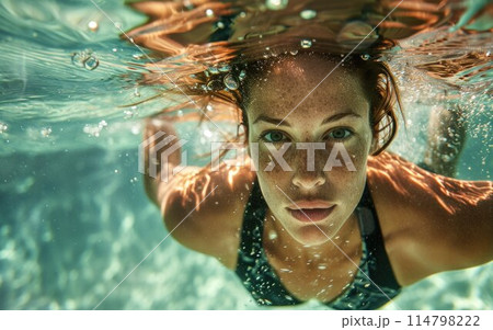 Underwater woman portrait in swimming pool 114798222