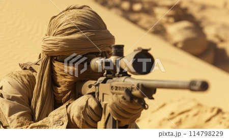 Special forces sniper in ghillie suit with a high-precision rifle with optic scope at combat position on the top of the rocky desert hillside 114798229