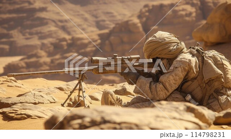 Special forces sniper in ghillie suit with a high-precision rifle with optic scope at combat position on the top of the rocky desert hillside 114798231