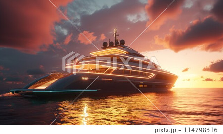 Luxury yacht sunset evening view on mediterranean coast Luxury yacht sunset evening view on mediterranean coast 114798316