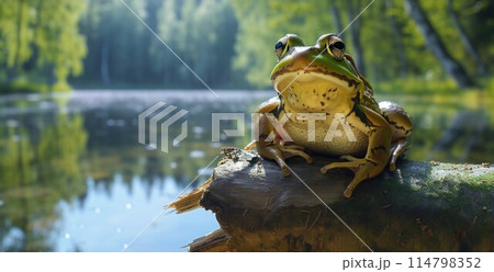 Tree frog on branch, tree frog on green leaves, animal closeup Tree frog on branch, tree frog on green leaves, animal closeup 114798352