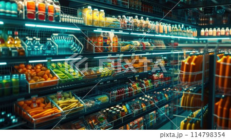 Supermarket shelf for presenting new product in between many others Supermarket shelf for presenting new product in between many others 114798354