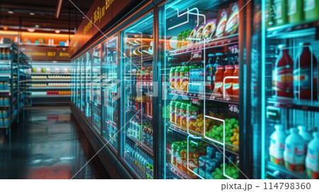 Supermarket shelf for presenting new product in between many others 114798360