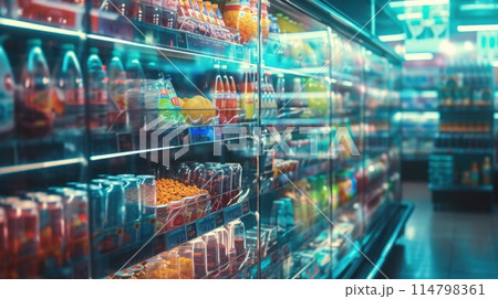 Supermarket shelf for presenting new product in between many others 114798361