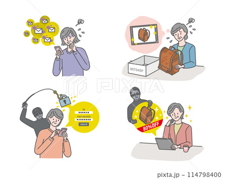 ネットトラブル:シニア女性の被害イラストセット ネットトラブル:シニア女性の被害イラストセット 114798400