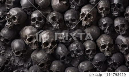 Collection of skulls and bones covered with spider web and dust in the catacombs. Numerous creepy skulls in the dark. Abstract concept symbolizing death, terror, and evil 114798429