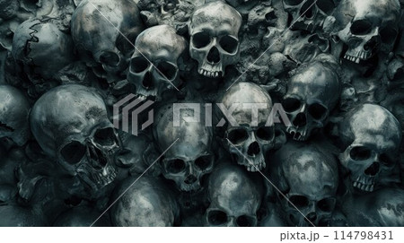 Collection of skulls and bones covered with spider web and dust in the catacombs. Numerous creepy skulls in the dark. Abstract concept symbolizing death, terror, and evil 114798431